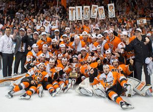 This image shows RIT mens hockey team after winning a championship. Helping us promote our laundry services done for the team.